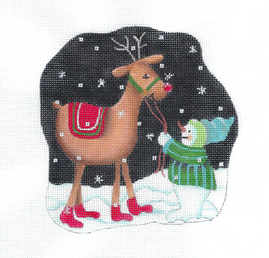 Snowman & Reindeer Free-Form Ornament handpainted 18 mesh Needlepoint Canvas by Ginny Diezel from CBK