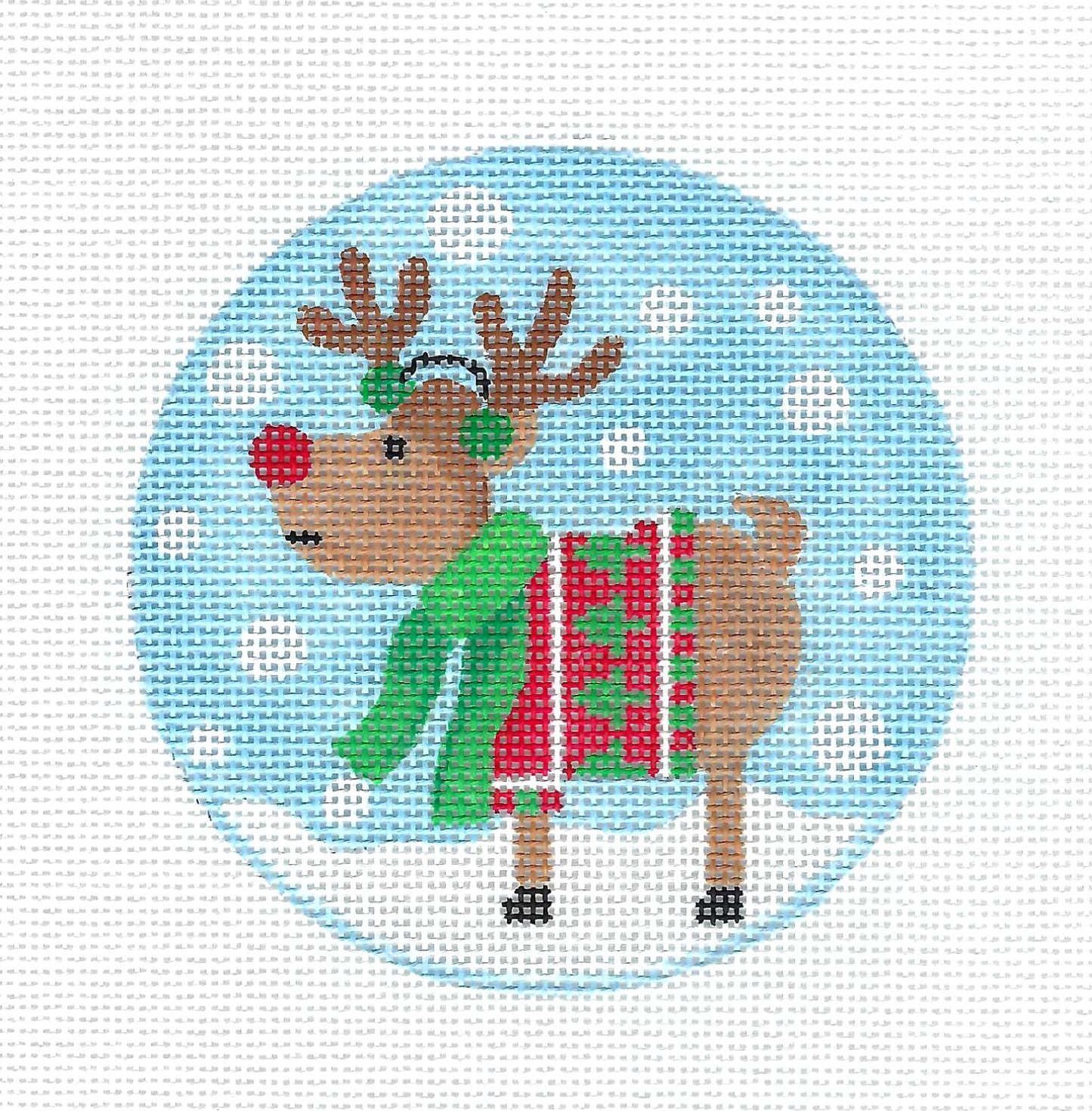 Reindeer in Sweater, Scarf and Earmuffs Handpainted 4" Rd. Needlepoint Canvas by Pepperberry