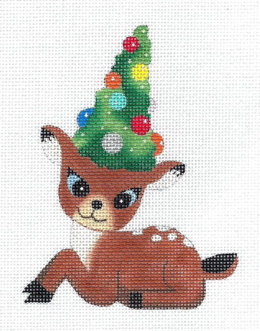 Reindeer ~ RESTING Reindeer with Christmas Tree Ornament handpainted Needlepoint Canvas by Raymond Crawford