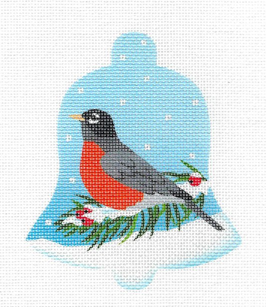 Bird Bell ~ Robin on Branch in Snow handpainted Needlepoint Ornament Canvas by Pepperberry