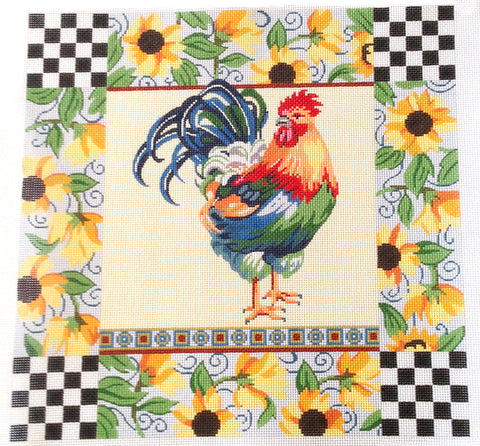 Bird Canvas ~ Elegant ROOSTER with Sunflower & Checks Border 14" x 14" on 13 mesh handpainted Needlepoint Canvas by LEE