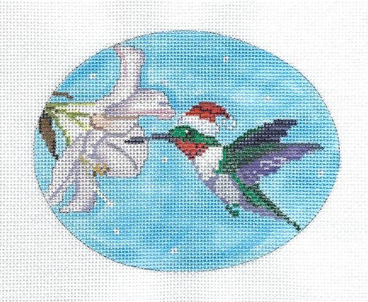 Bird Canvas ~ Ruby Throated Hummingbird in a Santa Hat Oval handpainted Needlepoint canvas by Scott Church
