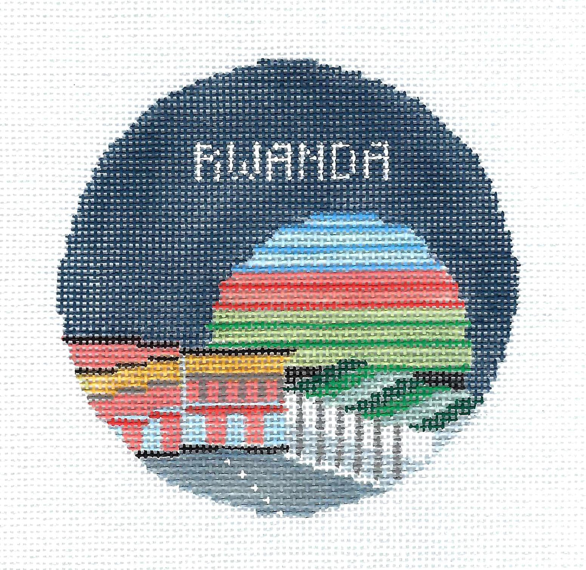 Travel Round ~ REPUBLIC of RWANDA 18 Mesh handpainted 4" Rd. Needlepoint Canvas by Kathy Schenkel