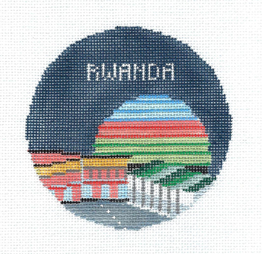 Travel Round ~ REPUBLIC of RWANDA handpainted 4" Needlepoint Canvas by Kathy Schenkel