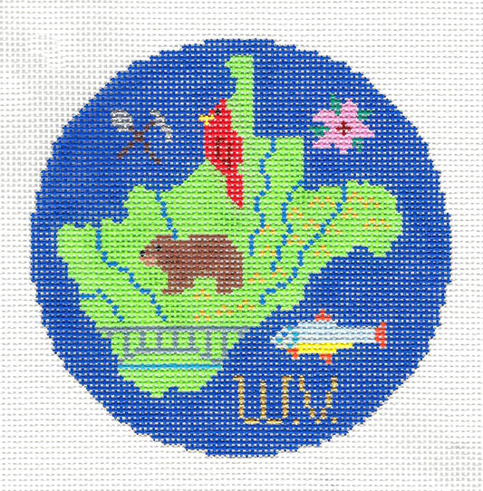 Travel Round ~ State of West Virginia 18 mesh handpainted 4.25" Needlepoint Canvas by Silver Needle