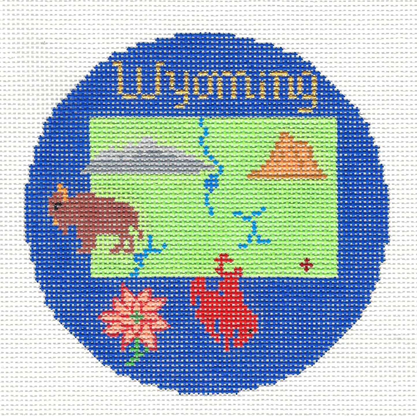 Travel Round ~ WYOMING handpainted 4.25" Needlepoint Ornament Canvas by Silver Needle