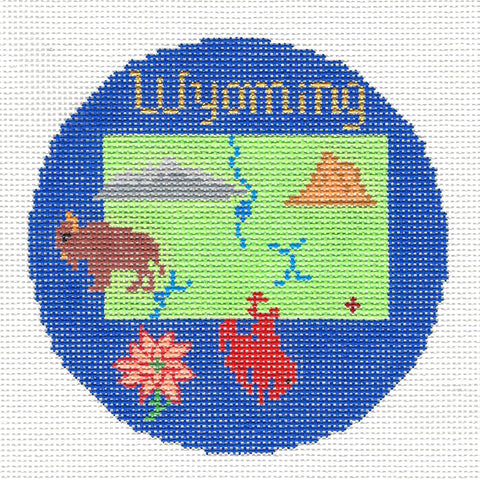 Travel Round ~ WYOMING handpainted 4.25" Needlepoint Canvas by Silver Needle