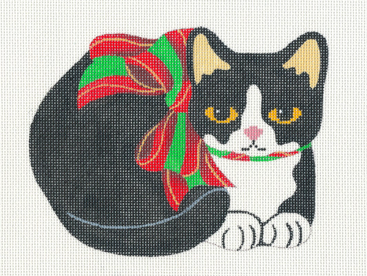Christmas Cat ~ Black & White Kitty Cat with Bow 18 Mesh handpainted Needlepoint Ornament Canvas by Silver Needle