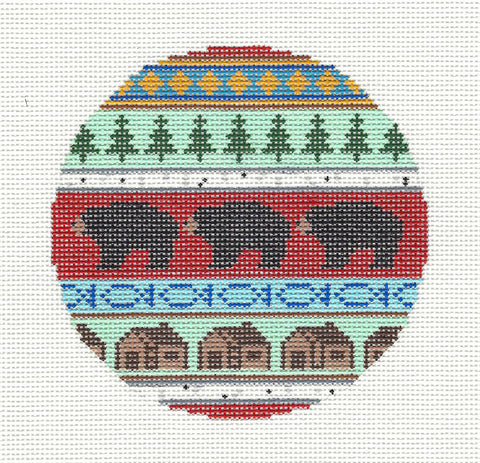 Round ~ 3 Black Bears & Cabins handpainted Needlepoint Canvas Ornament by Silver Needle
