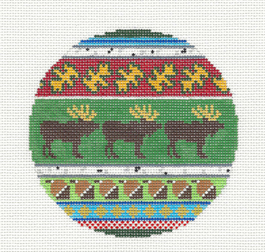 Round ~ 3 Moose & Acorns handpainted 13 mesh, 4.25" Needlepoint Canvas by Silver Needle