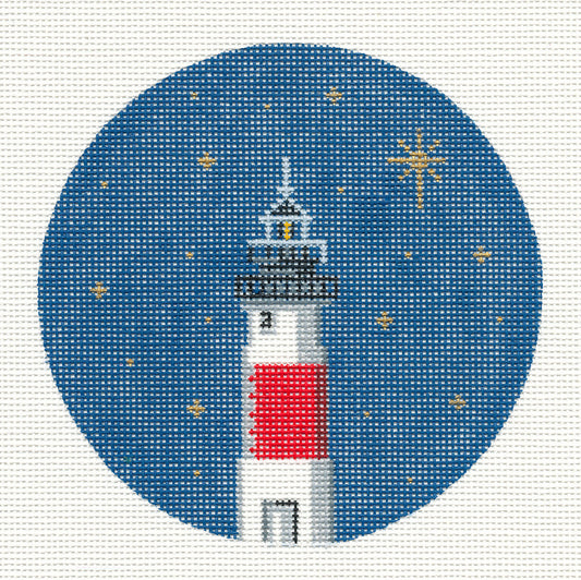 Travel Round ~ Sankaty Head Lighthouse on Nantucket Island handpainted 4.75" Needlepoint Canvas by Silver Needle
