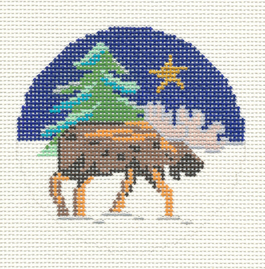 Round ~ Winter Moose with Christmas Star & Tree 13 mesh handpainted  4.25" Needlepoint Canvas by Silver Needle