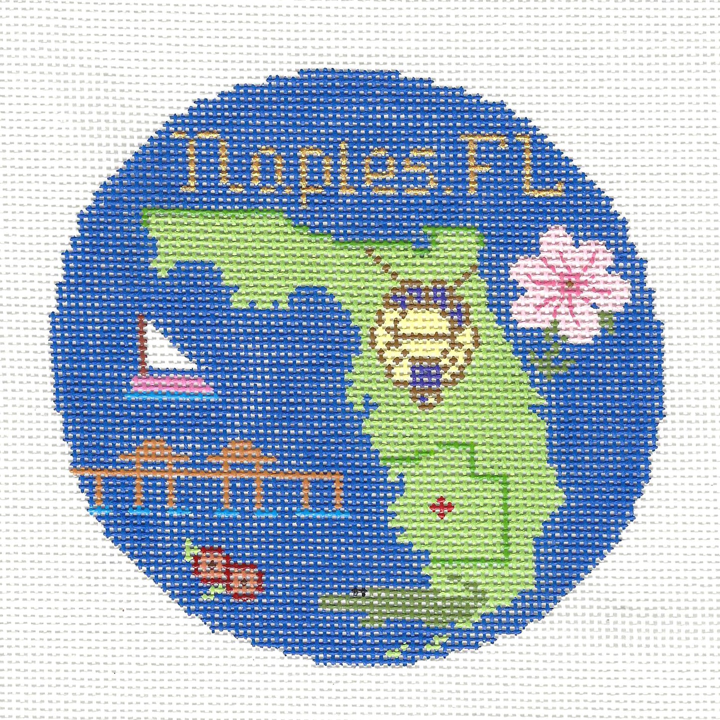 Travel Round ~ NAPLES, FLORIDA  handpainted 4.25" Needlepoint Canvas by Silver Needle