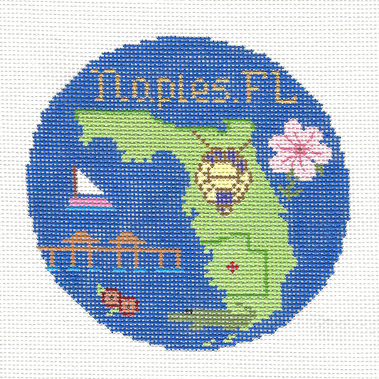 Travel Round ~ NAPLES, FLORIDA  handpainted 4.25" Needlepoint Canvas by Silver Needle