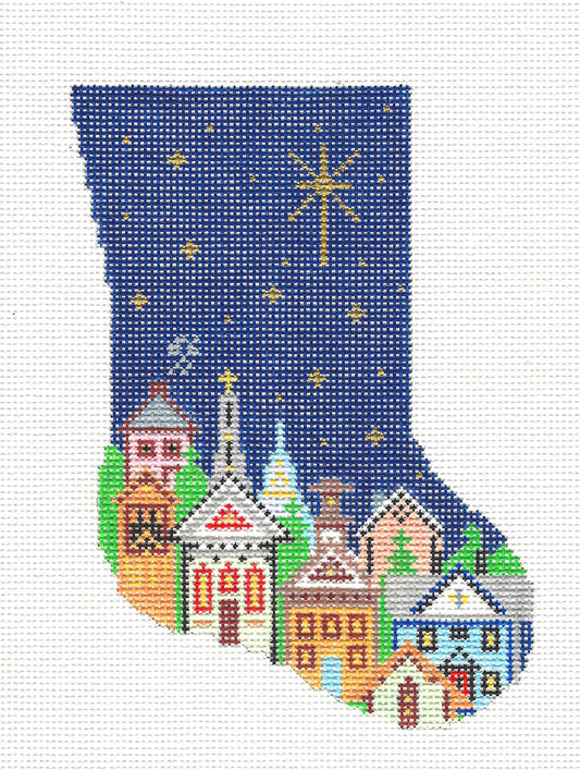 Stocking ~ Christmas Star Over the Village at Christmas Mini Stocking handpainted Needlepoint Canvas~by Silver Needle