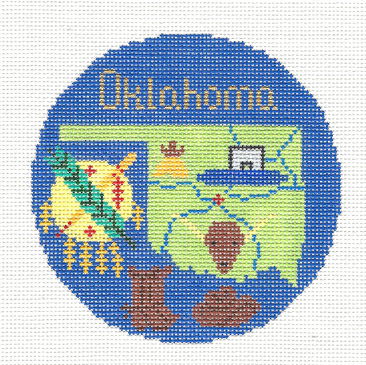 Travel Round ~ OKLAHOMA handpainted 4.25" Needlepoint Canvas Ornament by Silver Needle