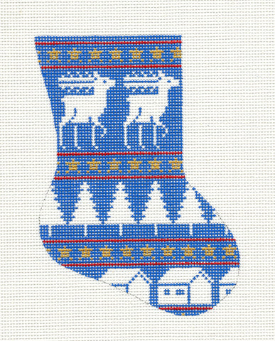Stocking ~ Blue Reindeer & Trees Mini Stocking handpainted Needlepoint Ornament by Silver Needle