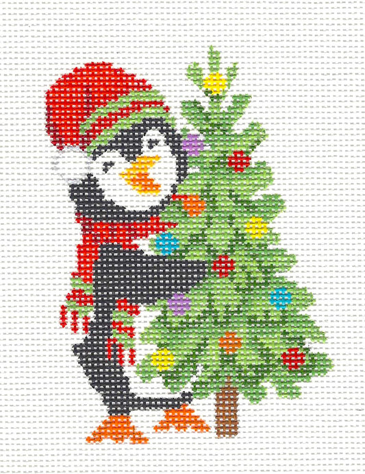 Christmas ~ Penguin In a Hat and Scarf With His Christmas Tree handpainted Needlepoint Canvas by Susan Roberts