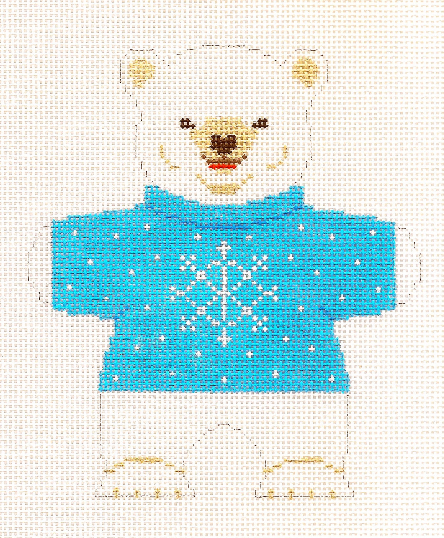 Child's Canvas ~ Polar Bear in Blue Snowflake Sweater handpainted Needlepoint Canvas by Susan Roberts