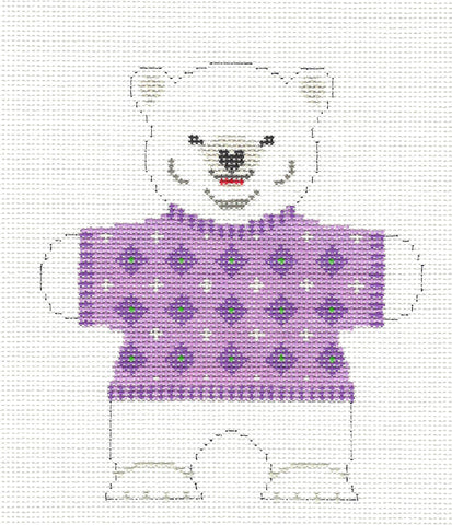 Child's Canvas ~ Polar Bear Baby in Purple Sweater handpainted Needlepoint Canvas by Susan Roberts