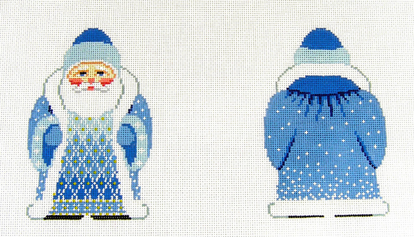 2 Sided ~ Blue Coat Santa with Hat handpainted Needlepoint Ornament Canvas by Susan Roberts
