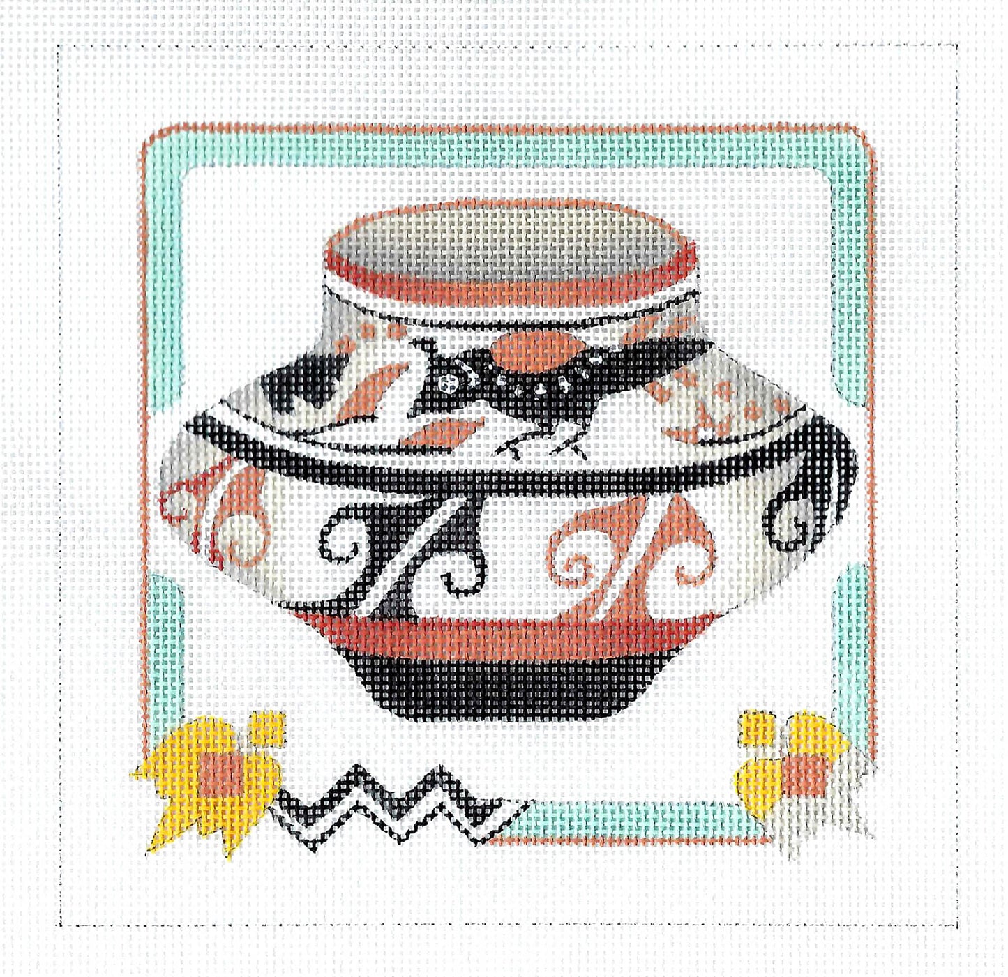 Southwest ~ Quail Pot with Southwestern Border handpainted Needlepoint Canvas by Jinice from Danji