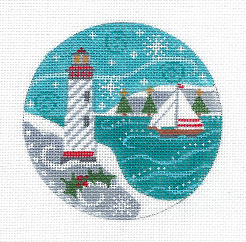 Round ~ Sailboat Sailing Past the Lighthouse 4" round handpainted Needlepoint Canvas by Danji Designs