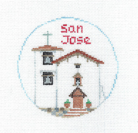 Travel Round ~ Mission San Jose in California handpainted Needlepoint Canvas by Kathy Schenkel RD.