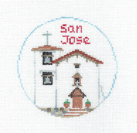Travel Round ~ Mission San Jose in California handpainted Needlepoint Canvas by Kathy Schenkel RD.