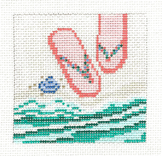 Flip Flops at the Waters Edge 3" Square Ornament handpainted Needlepoint canvas by Needle Crossings