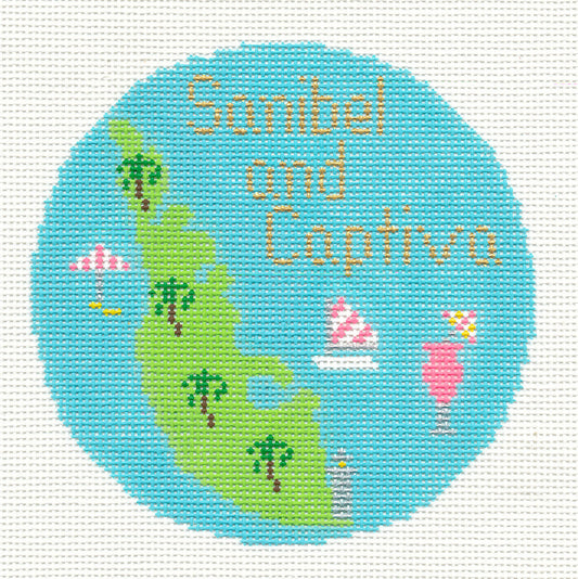 Round~4.25" Sanibel & Captiva Islands handpainted Needlepoint Canvas~by Silver Needle