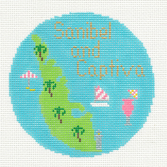 4.25" Round ~ Sanibel & Captiva Islands handpainted Needlepoint Canvas by Silver Needle