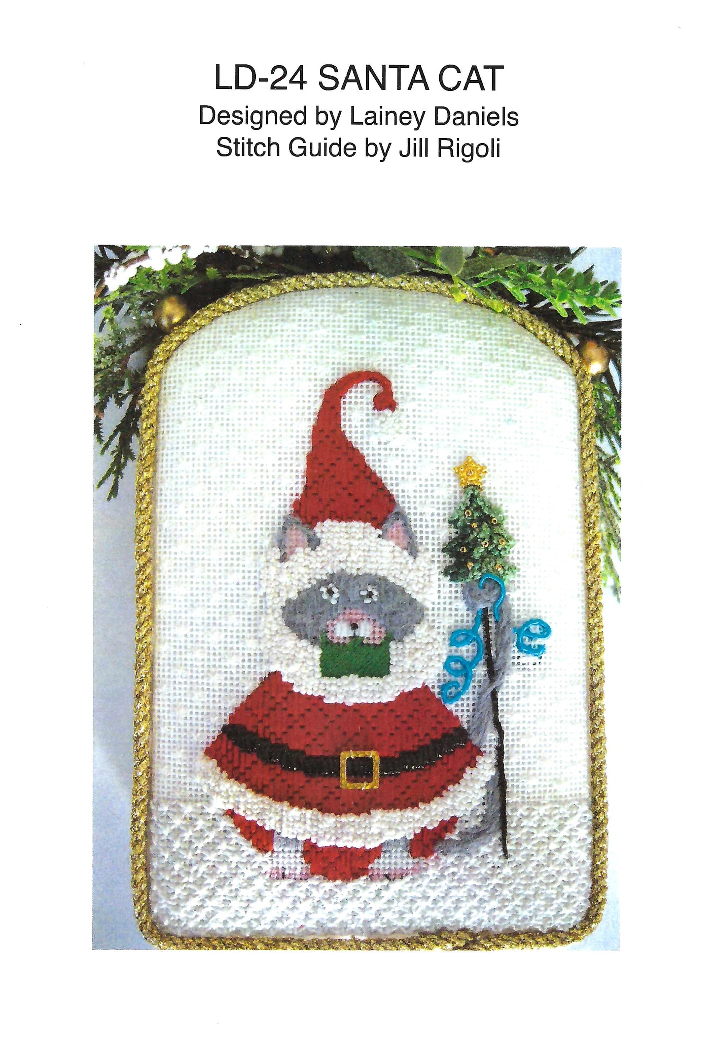 Christmas Cat ~ Santa Cat with Present and STITCH GUIDE handpainted Needlepoint Canvas Ornament by L. Daniels from Danji