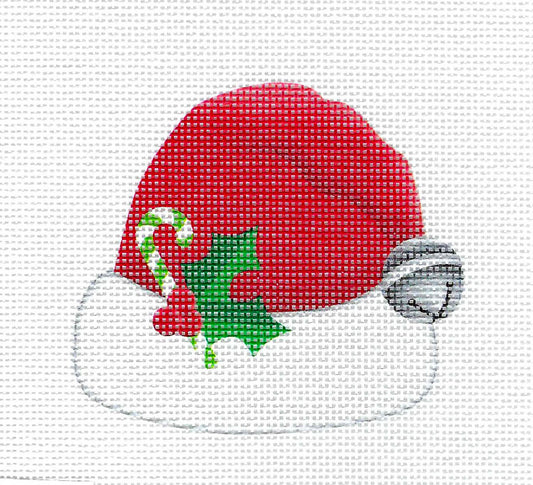 Christmas ~ Santa's Red Hat with a Silver Bell, Holly & Candy Cane handpainted Needlepoint Ornament by Pepperberry