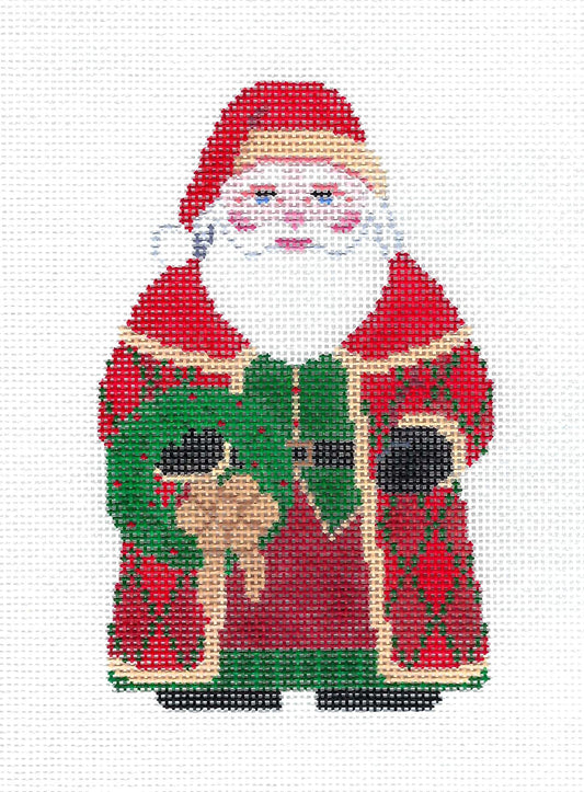 Christmas ~ Santa Claus holding a Wreath Handpainted Needlepoint Ornament by Susan Roberts
