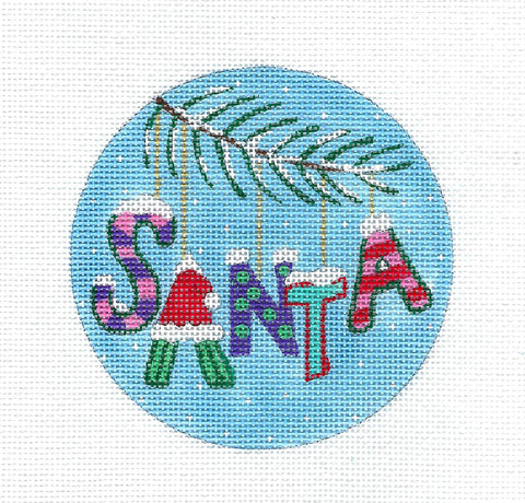 Round ~ Santa Name with Pink on handpainted Needlepoint 4" Ornament Canvas by Juliemar