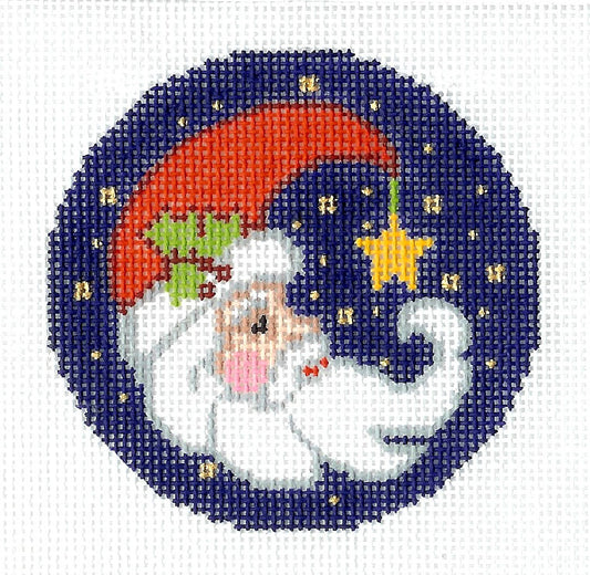 Christmas ~ Crescent Moon Santa handpainted 3" Rd. Needlepoint Canvas Ornament/Insert By LEE