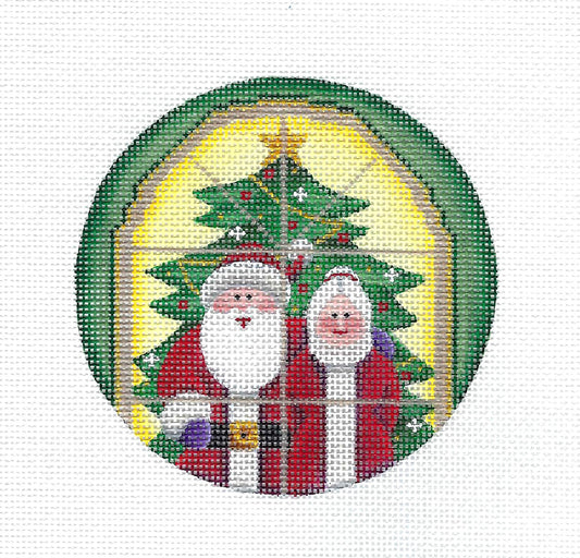 Christmas ~ Santa & Mrs. Claus with Their Christmas Tree Ornament handpainted Needlepoint Canvas by Rebecca Wood