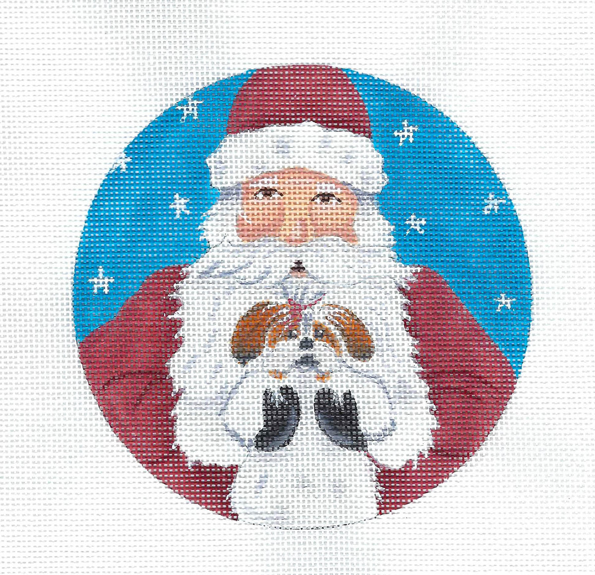Christmas ~ Santa Holding a Puppy Ornament 18 Mesh handpainted 5" Rd. Needlepoint Ornament Canvas by Ginny Diezel from CBK