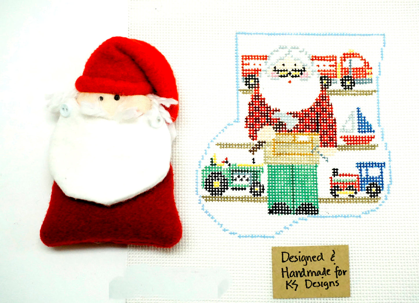 Canvas Set ~ Santa Making Boy's Toys Mini Stocking SET Needlepoint Ornament by Kathy Schenkel