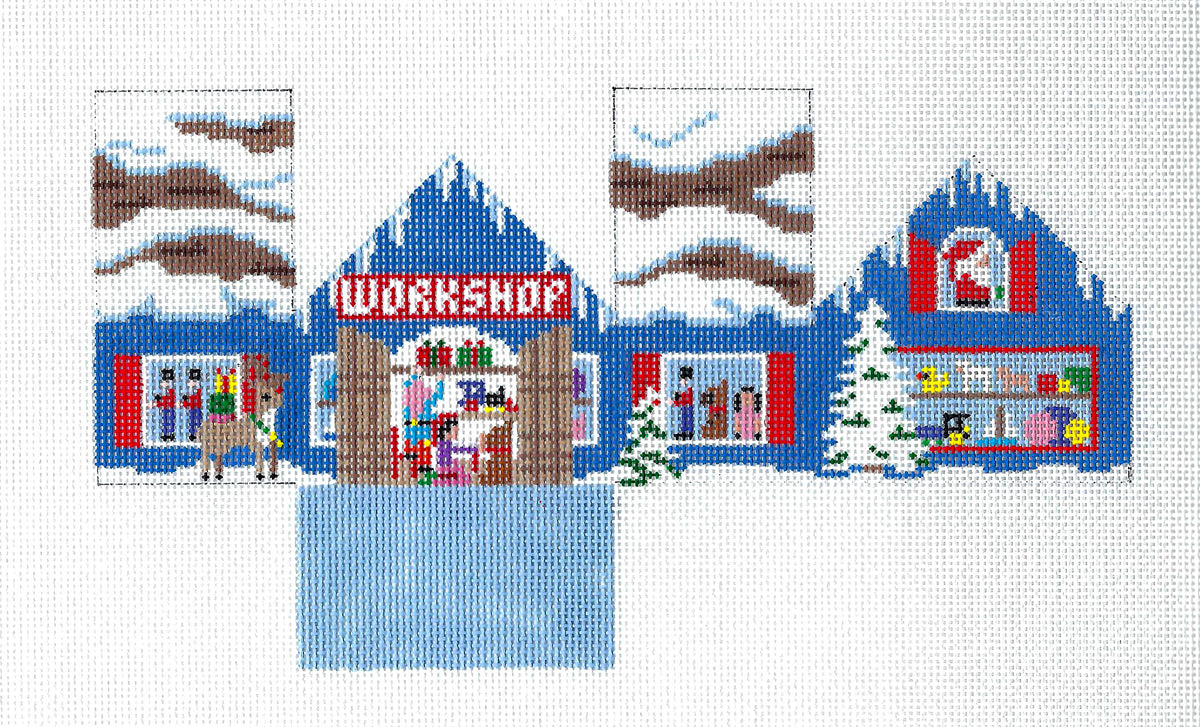 3-D Building ~ Santa's  Workshop 3-D Building Ornament handpainted Needlepoint Canvas by Susan Roberts