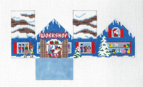 3-D Building ~ Santa's  Workshop 3-D Building Ornament handpainted Needlepoint Canvas by Susan Roberts