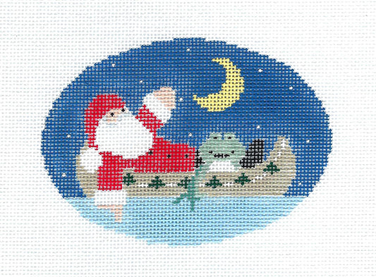 Oval ~ Santa & Frog in a Canoe Oval Ornament 18 Mesh handpainted Needlepoint Canvas by Kathy Schenkel