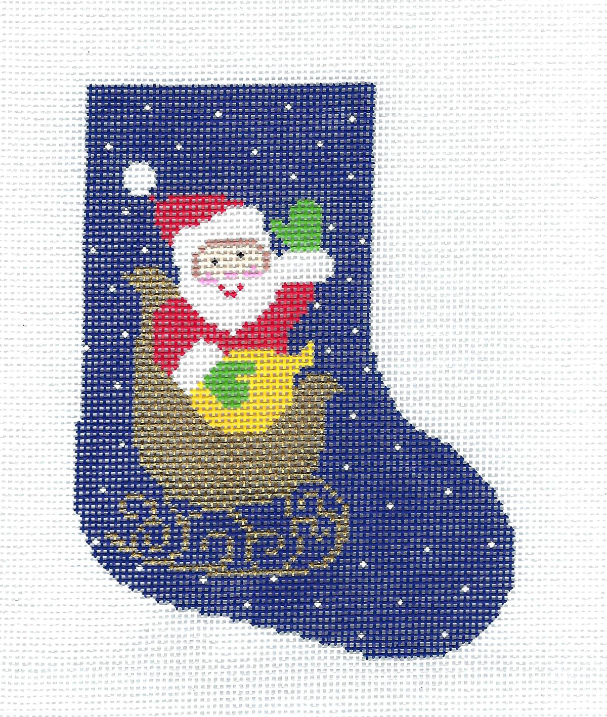 Mini Stocking ~ SANTA in a Golden Sleigh Mini Stocking handpainted Needlepoint Canvas Ornament by LEE