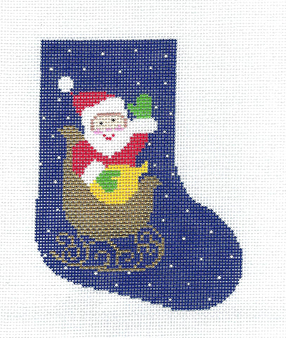 Mini Stocking ~ SANTA in a Golden Sleigh Mini Stocking handpainted Needlepoint Canvas Ornament by LEE