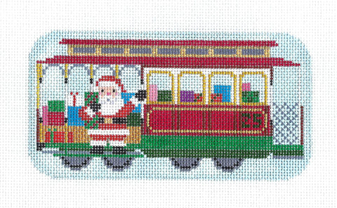 Christmas ~ Santa in his Christmas Trolley Ornament handpainted 18 mesh Needlepoint Canvas by Susan Roberts