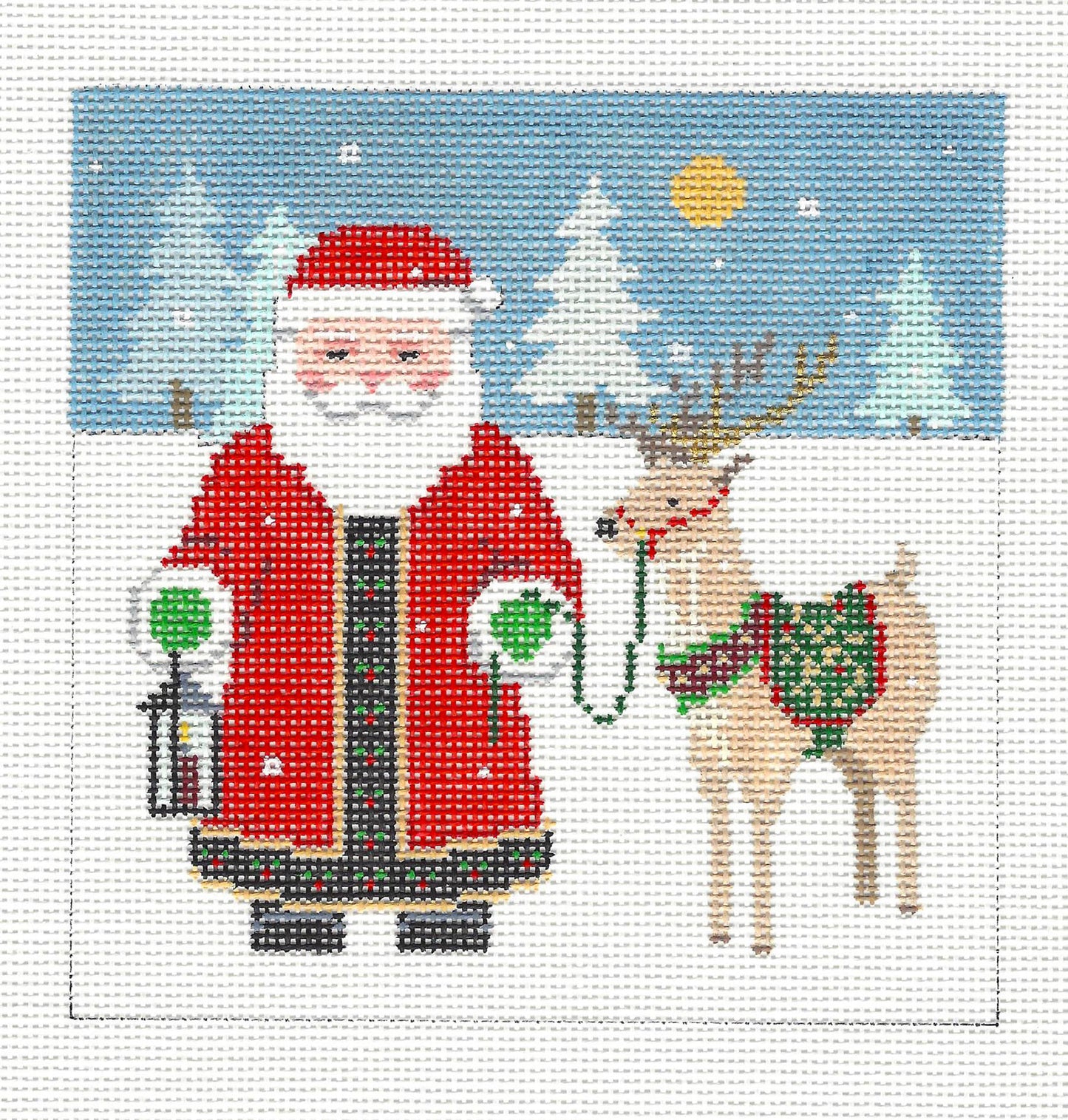 Christmas~Santa and his Elegant Reindeer 5" Sq. handpainted 18 mesh Needlepoint Canvas by Susan Roberts