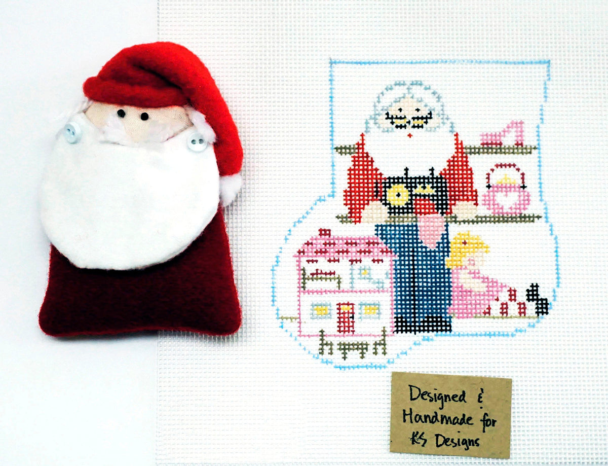 CANVAS SET ~ SANTA MAKING GIRL'S TOYS CANVAS SET HP Needlepoint Mini Stocking Ornament Kathy Schenkel