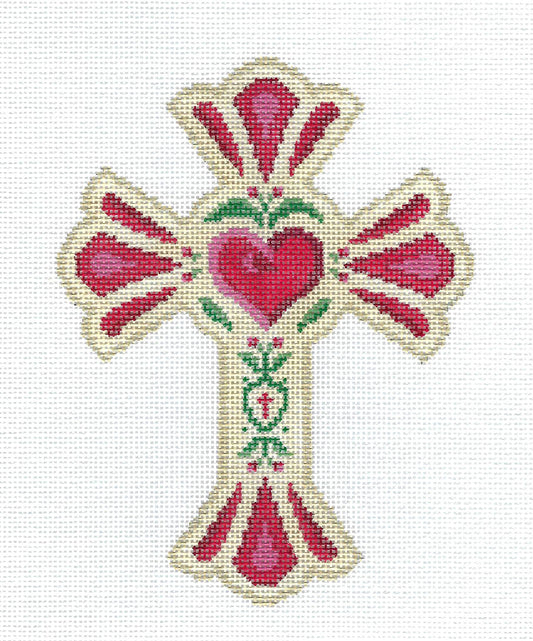 CROSS ~ Scalloped Heart CROSS Religious handpainted Needlepoint Canvas from Susan Roberts