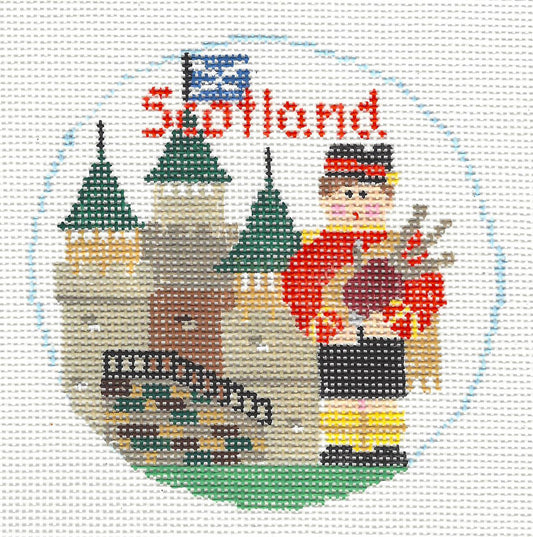 Travel Round ~ Country of  SCOTLAND handpainted 18 Mesh 4" Rd. Needlepoint Canvas by Kathy Schenkel